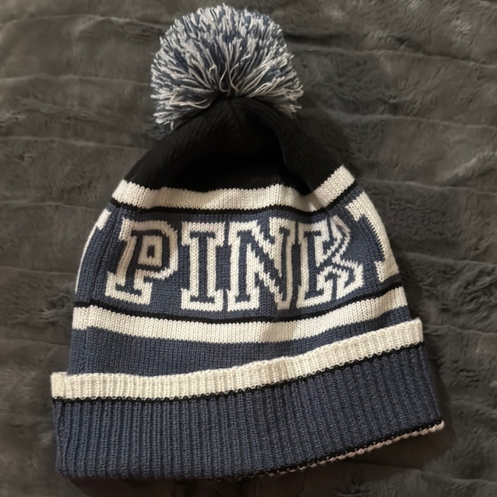 PINK Victoria's Secret Black and Blue Pom-Pom Beanie